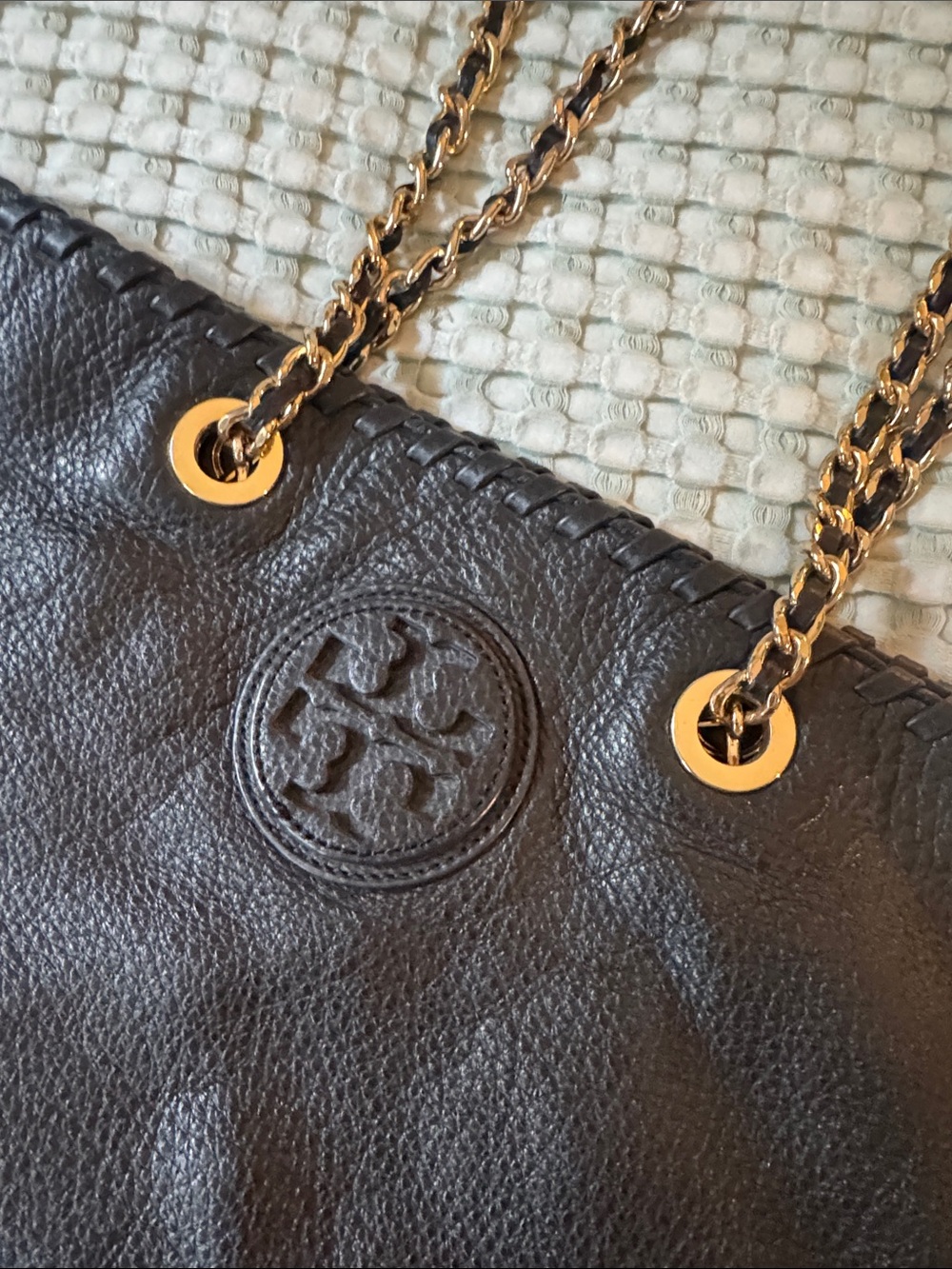 Tory Burch Large Black Slouchy Chain Tote Leather Shoulder Bag